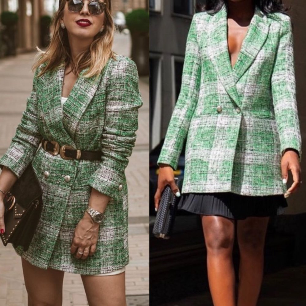 Zara Plaid Tweed Blazer Double Breasted Bouclé Jacket Blogger Fav Green White S